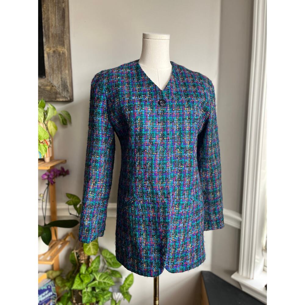 Vintage 90s Tweed Jacket Blue Purple Pink Spring Classy Size Small